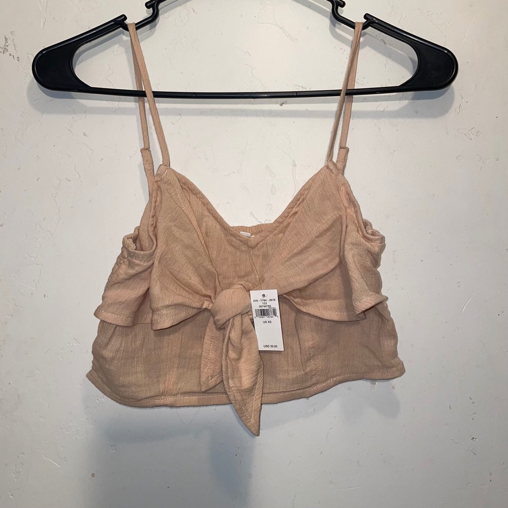 Aerie Womens XS Peach Tie Front Smocked Crop Top NWT 078-1784-2678 CottageCore